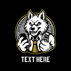 WOLF MASCOT LOGO WITH PHONE 