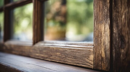 Detailed shot of a window frame made from reclaimed wood, showcasing its weathered and unique appearance. - obrazy, fototapety, plakaty