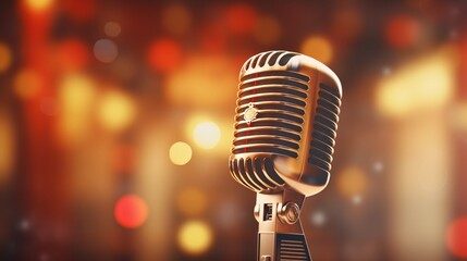3D rendering of a classic microphone bathed in warm stage light, with bokeh lights enhancing its visual appeal.