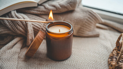 Girl lights a candle, aesthetic cozy photo