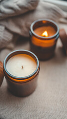 Fototapeta na wymiar Burning candle in a cozy home interior