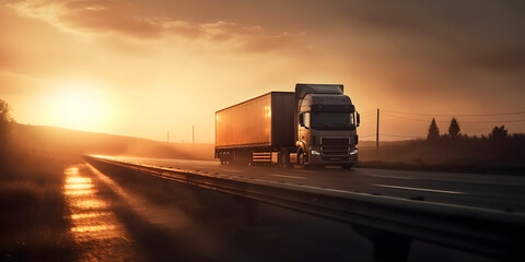 container trucks driving on roads at sunset - obrazy, fototapety, plakaty