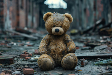 Kid's dirty teddy bear lost among ruins of the bombed city. War and conflict concept background.