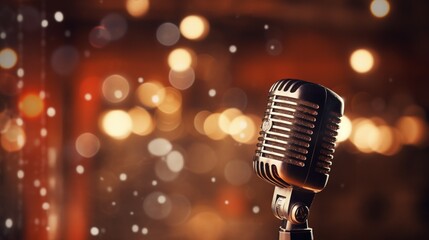 A classic microphone on a vintage stage, capturing the essence of live performances with magical bokeh lighting.