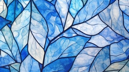 Stained glass window background with blue and white leaf abstract.