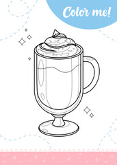 Coloring page for kids with latte cup.
A printable worksheet, vector illustration.
