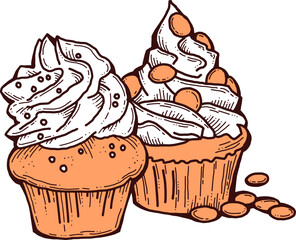 Sweet tasty dessert cupcake with cream and deco for morning breakfast in café or restaurant. Mini birthday cake for pleasure. Hand drawn retro vintage colorful vector illustration. Old style drawing.