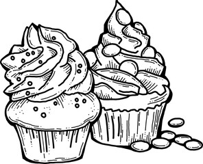 Sweet tasty dessert cupcake with cream and deco for morning breakfast in café or restaurant. Mini birthday cake for pleasure. Hand drawn retro vintage colorful vector illustration. Old style drawing.