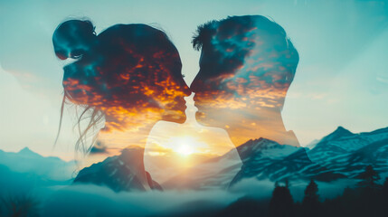 Double exposure portrait of man and woman being affectionate blended with mountain nature background - obrazy, fototapety, plakaty