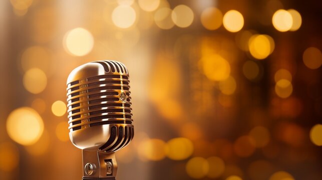 A close-up view of a classic microphone on an empty stage, with bokeh lights illuminating the scene.