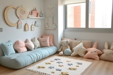 Bright and playful children's corner with pastel cushions, charming wall decorations, soft toys, and a whimsical mat, bathed in natural light from a window