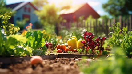 Closeup of a garden plot with various fruits and vegetables, cared for by a group of community members. - obrazy, fototapety, plakaty