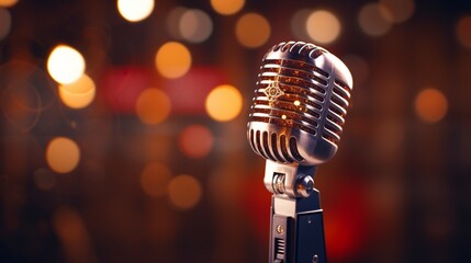 A detailed 3D model of a vintage microphone, surrounded by captivating bokeh lights on a dark stage.