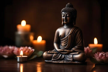 Buddha statue in meditation with lotus flower and burning candles