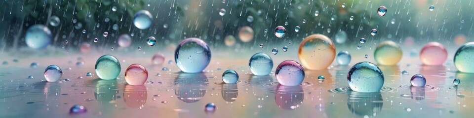 Abstract banner iridescent water bubbles during rain, blurred background, background for design, place to insert text	