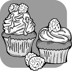 Sweet tasty dessert cupcake with cream and deco for morning breakfast in café or restaurant. Mini birthday cake for pleasure. Hand drawn retro vintage colorful vector illustration. Old style drawing.