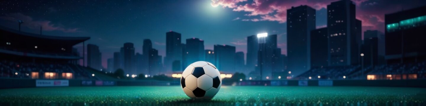 Abstract sports background night sports field in big city with soccer ball in the middle of the field with moon light