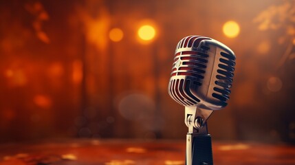 A realistic render of a classic microphone, positioned on a stage with bokeh lights contributing to the atmospheric charm.