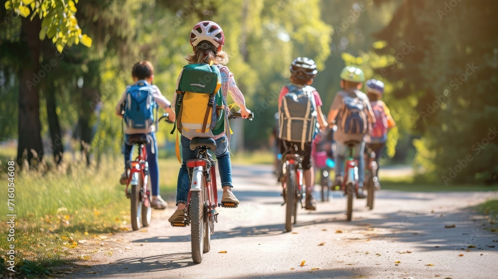 Wall mural Children with rucksacks riding on bikes in the park near school. Pupils with backpacks outdoors