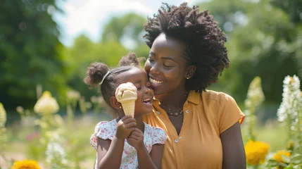 Fotobehang Black family, park and ice cream with a mother and daughter bonding together while sitting on a bench outdoor in nature. Summer, children and garden with a woman and girl enjoying a sweet snack © buraratn