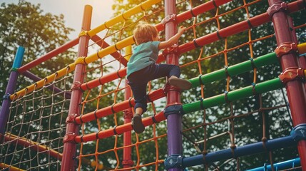 child climbs up an alpine grid in a park on a playground on a hot summer day. children's playground in a public park, entertainment and recreation for children, mountaineering training.