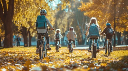 Children with rucksacks riding on bikes in the park near school. Pupils with backpacks outdoors - obrazy, fototapety, plakaty