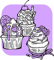 Sweet tasty dessert cupcake with cream and deco for morning breakfast in café or restaurant. Mini birthday cake for pleasure. Hand drawn retro vintage colorful vector illustration. Old style drawing.