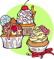 Sweet tasty dessert cupcake with cream and deco for morning breakfast in café or restaurant. Mini birthday cake for pleasure. Hand drawn retro vintage colorful vector illustration. Old style drawing.