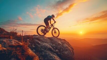 Cyclist Riding the Bike Down the Rock at Sunrise in the Beautiful Mountains on the Background....