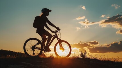 Obraz premium Cyclist Woman riding bike in helmets go in sports outdoors on sunny day a mountain in the forest. Silhouette female at sunset. Fresh air. Health care, authenticity, sense of balance and calmness.
