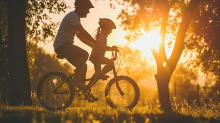 dad teaches daughter to ride a bike. happy family childhood dream concept. father and little daughter learn to ride bike silhouette in the park. happy family goes in for sunlight sports outdoors
