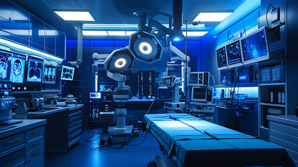 Um moderno teatro cirúrgico estéril é iluminado pelo suave brilho de telas e monitores de alta tecnologia - obrazy, fototapety, plakaty