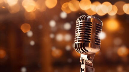 A weathered vintage microphone bathed in warm stage light, surrounded by a soft bokeh glow.