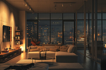 Modern minimalistic cozy apartment interior overlooking a city at night - obrazy, fototapety, plakaty