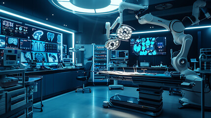 Um moderno teatro cirúrgico estéril é iluminado pelo suave brilho de telas e monitores de alta tecnologia