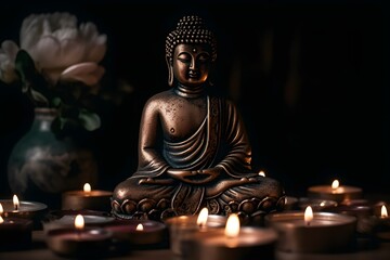 Buddha statue in meditation with lotus flower and burning candles