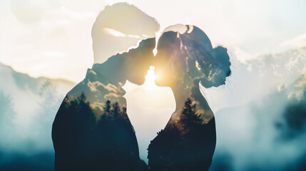 Double exposure portrait of man and woman being affectionate blended with mountain nature background