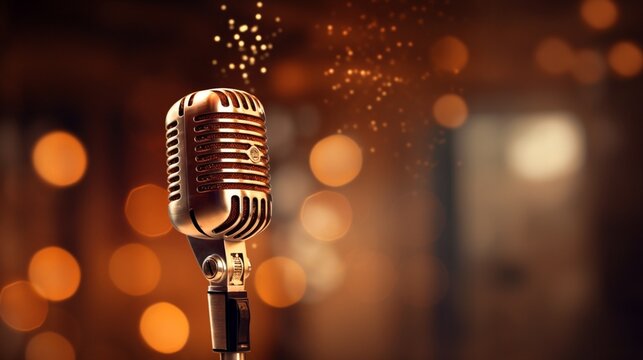 A weathered vintage microphone bathed in warm stage light, surrounded by a soft bokeh glow.