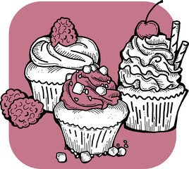 Sweet tasty dessert cupcake with cream and deco for morning breakfast in café or restaurant. Mini birthday cake for pleasure. Hand drawn retro vintage colorful vector illustration. Old style drawing.