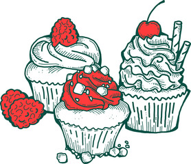 Sweet tasty dessert cupcake with cream and deco for morning breakfast in café or restaurant. Mini birthday cake for pleasure. Hand drawn retro vintage colorful vector illustration. Old style drawing.