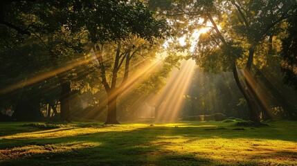 Sunrise beam in the beautiful park - obrazy, fototapety, plakaty