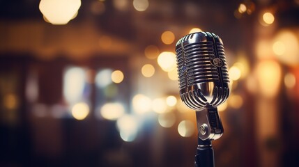 A well-worn microphone on a stage, bathed in a cinematic bokeh ambiance that adds depth to the scene. - obrazy, fototapety, plakaty