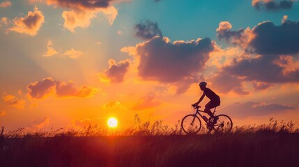 The cyclist rides on his bike at sunset. Dramatic background.