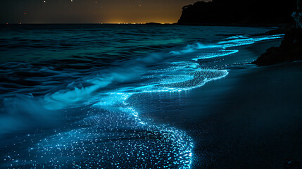 Uma praia tranquila iluminada pela lua ganha vida com o brilho etéreo do plâncton bioluminescente