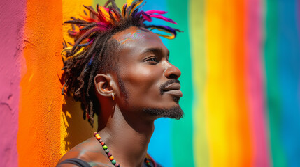 African American gay man with multicolored hair on a multicolored rainbow background.