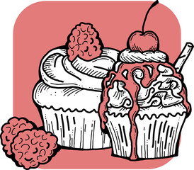 Sweet tasty dessert cupcake with cream and deco for morning breakfast in café or restaurant. Mini birthday cake for pleasure. Hand drawn retro vintage colorful vector illustration. Old style drawing.