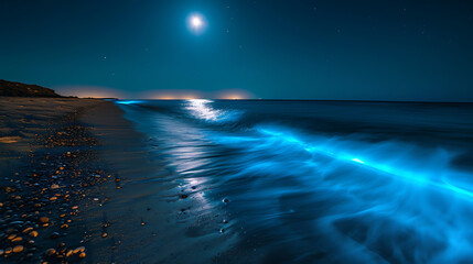 Uma praia tranquila iluminada pela lua ganha vida com o brilho etéreo do plâncton bioluminescente