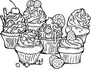 Sweet tasty dessert cupcake with cream and deco for morning breakfast in café or restaurant. Mini birthday cake for pleasure. Hand drawn retro vintage colorful vector illustration. Old style drawing.