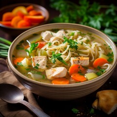 Warm your spirit with a classic chicken noodle soup, featuring tender chunks of chicken, wholesome veggies, and comforting broth. A timeless comfort food that brings solace in every spoonful.