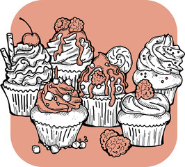 Sweet tasty dessert cupcake with cream and deco for morning breakfast in café or restaurant. Mini birthday cake for pleasure. Hand drawn retro vintage colorful vector illustration. Old style drawing.